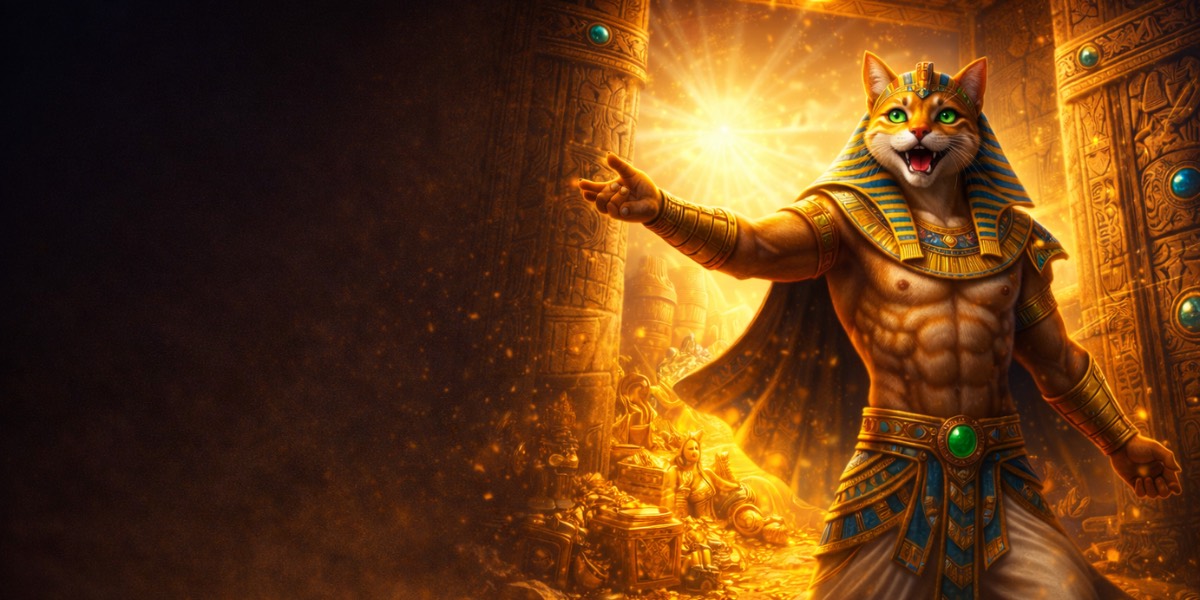Maskottchen von FelixSpin, eine Pharao-Katze vor einer goldenen Schatzkammer