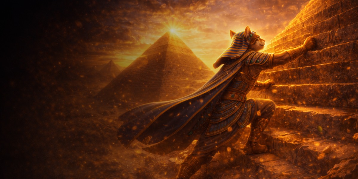 Pharao-Katze steigt eine Pyramide hinauf: Sinnbild für die Stufen im Treueprogramm von FelixSpin